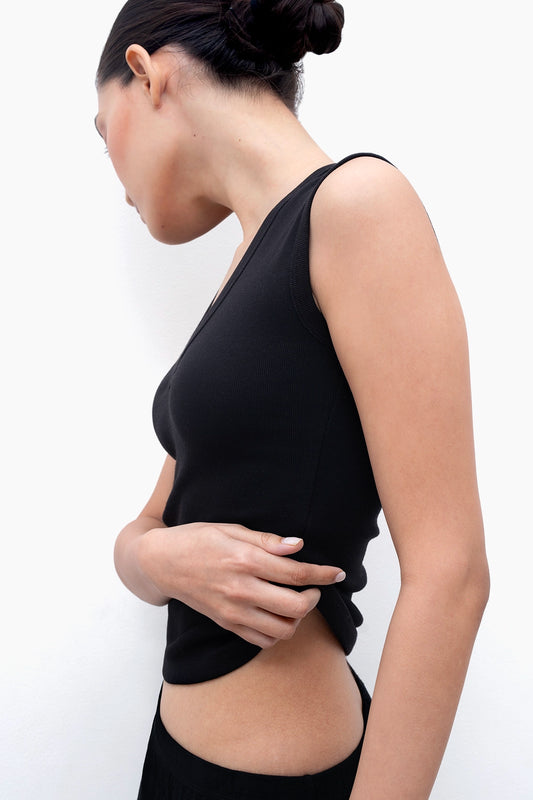 Black V-Neck Ribbed Top