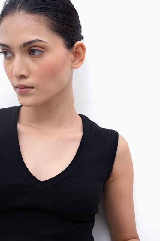 Black V-Neck Ribbed Top