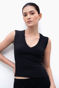 Black V-Neck Ribbed Top
