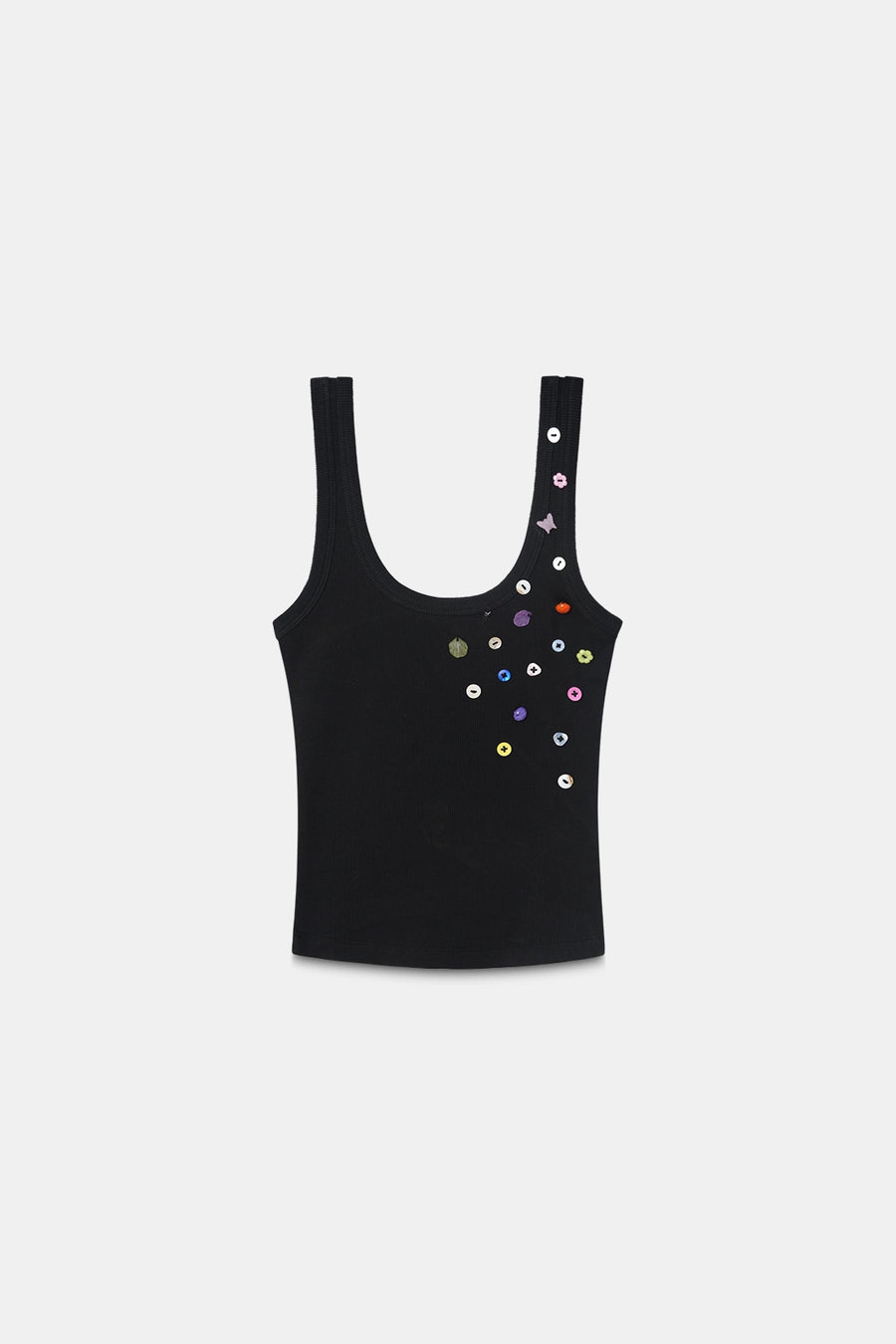 Black Button Embroidered Ribbed Top