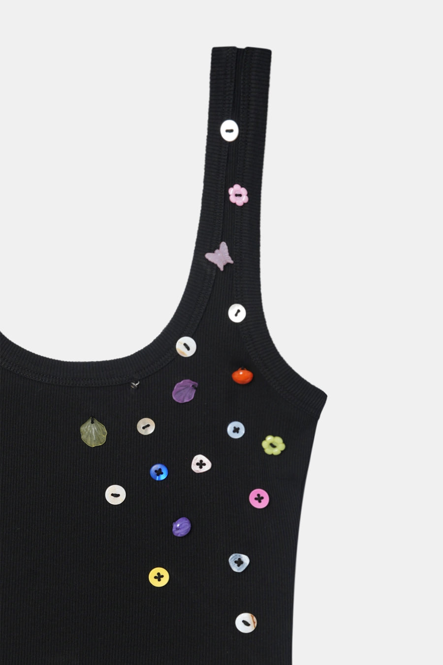 Black Button Embroidered Ribbed Top