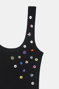 Black Button Embroidered Ribbed Top