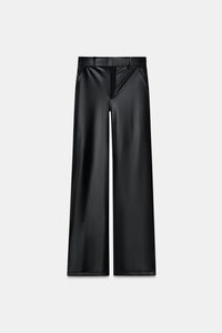 Black Leather Feel Straight Fit Pants