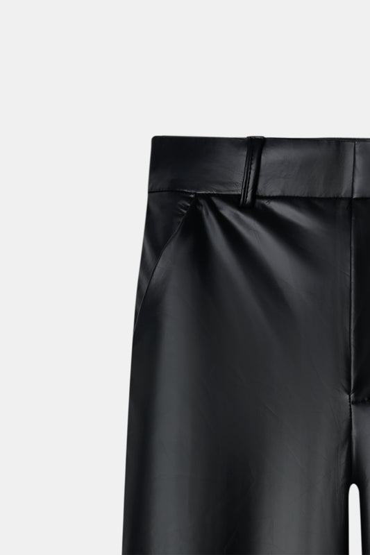 Black Leather Feel Straight Fit Pants