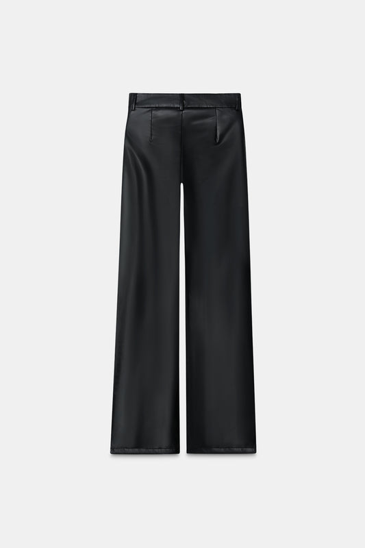 Black Leather Feel Straight Fit Pants