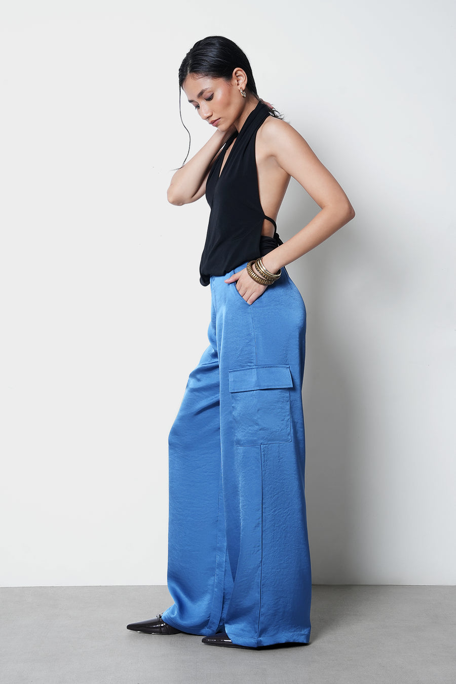 Blue High-Rise Satin Cargo