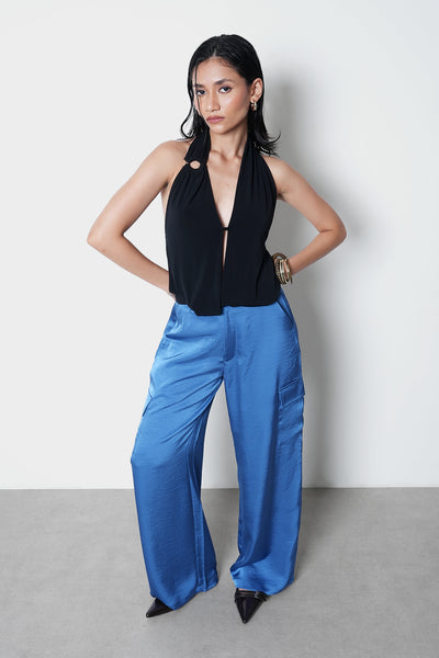 Blue High-Rise Satin Cargo