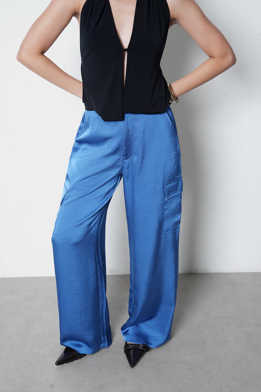 Blue High-Rise Satin Cargo