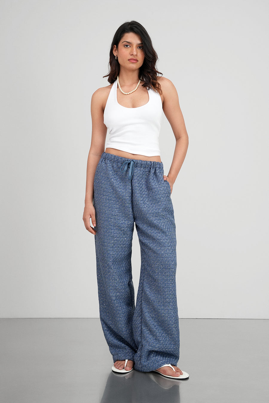 Blue Pull-On Tweed Pants