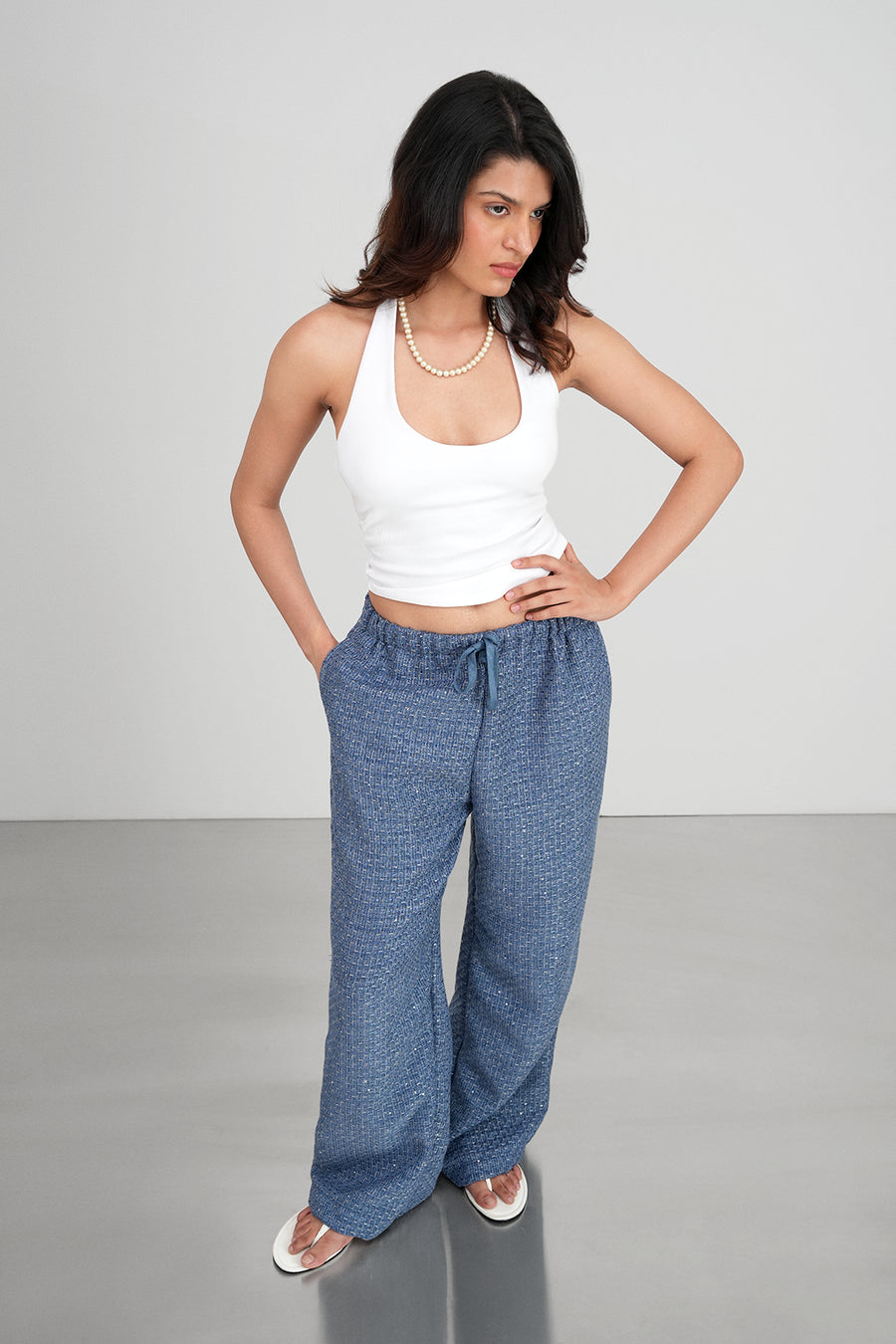 Blue Pull-On Tweed Pants