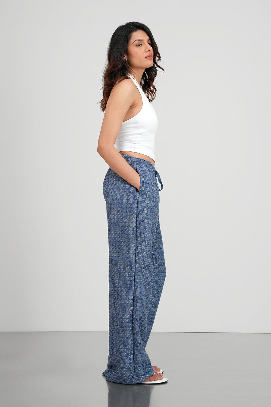 Blue Pull-On Tweed Pants