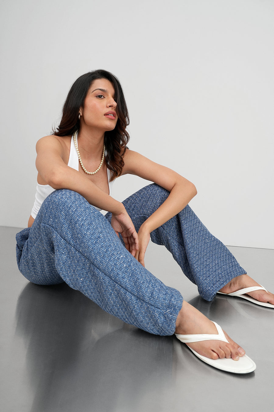 Blue Pull-On Tweed Pants