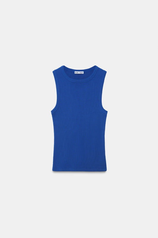 Blue Ribbed Round Neck Top