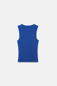 Blue Ribbed Round Neck Top