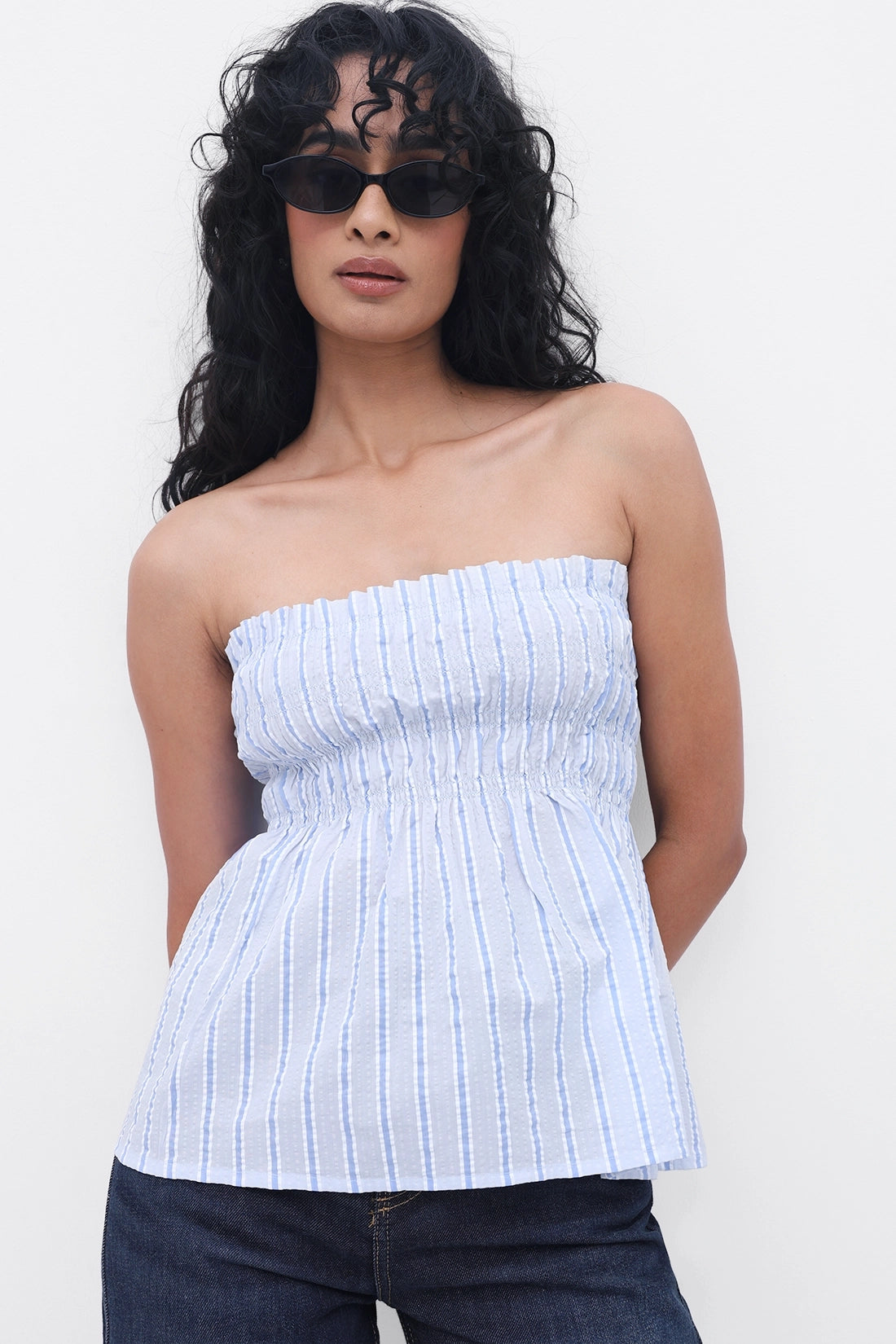 Blue Striped Smocked Top