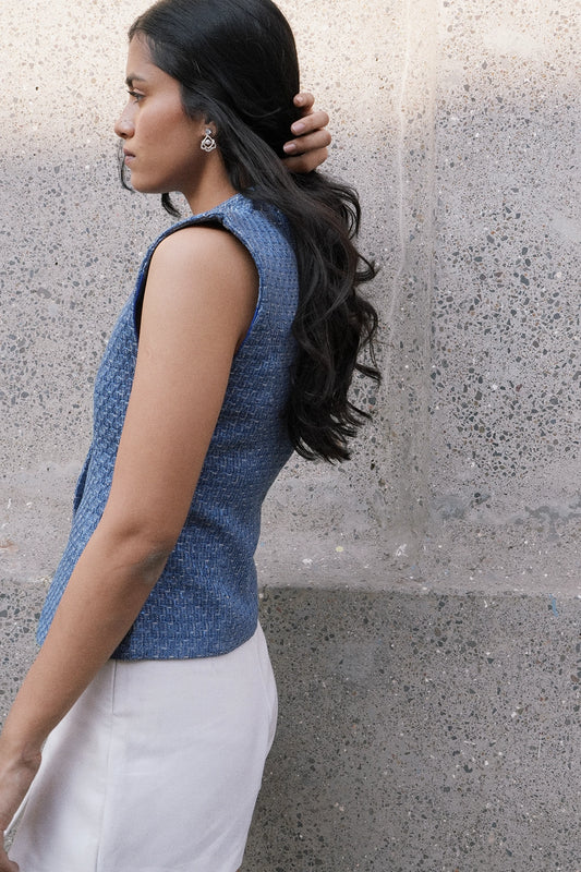 Blue Tweed Collared Top
