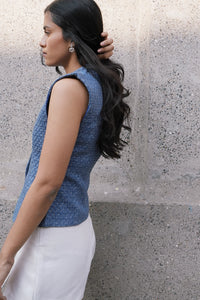 Blue Tweed Collared Top