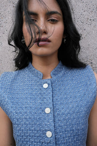 Blue Tweed Collared Top