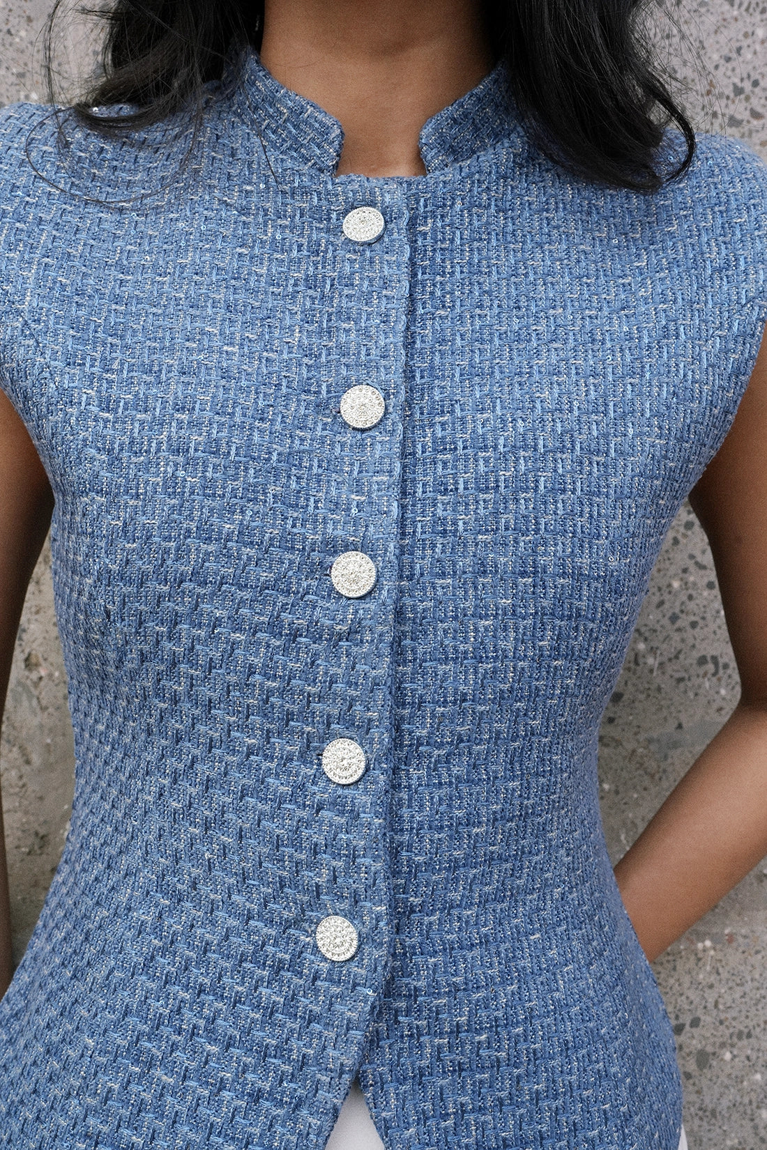Blue Tweed Collared Top