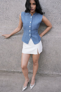 Blue Tweed Collared Top