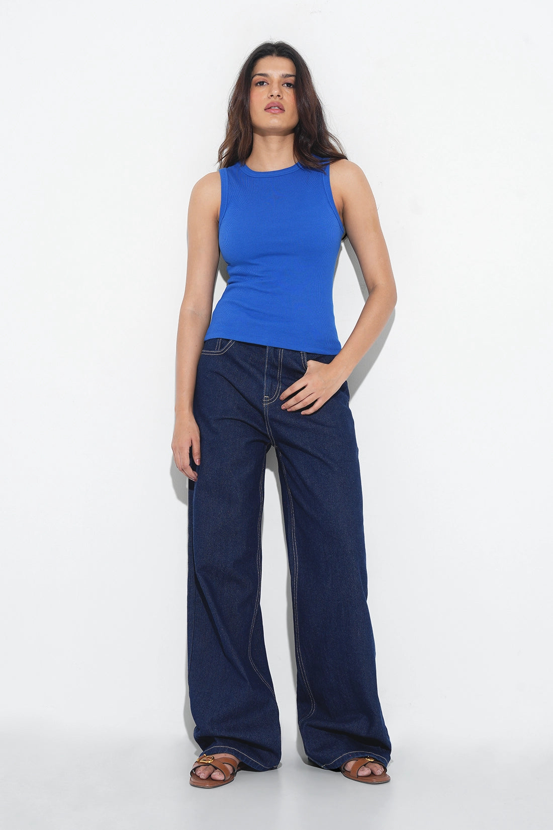 Blue Ribbed Round Neck Top