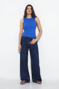 Blue Ribbed Round Neck Top