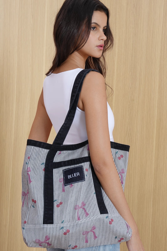 Bow Printed Denim Tote