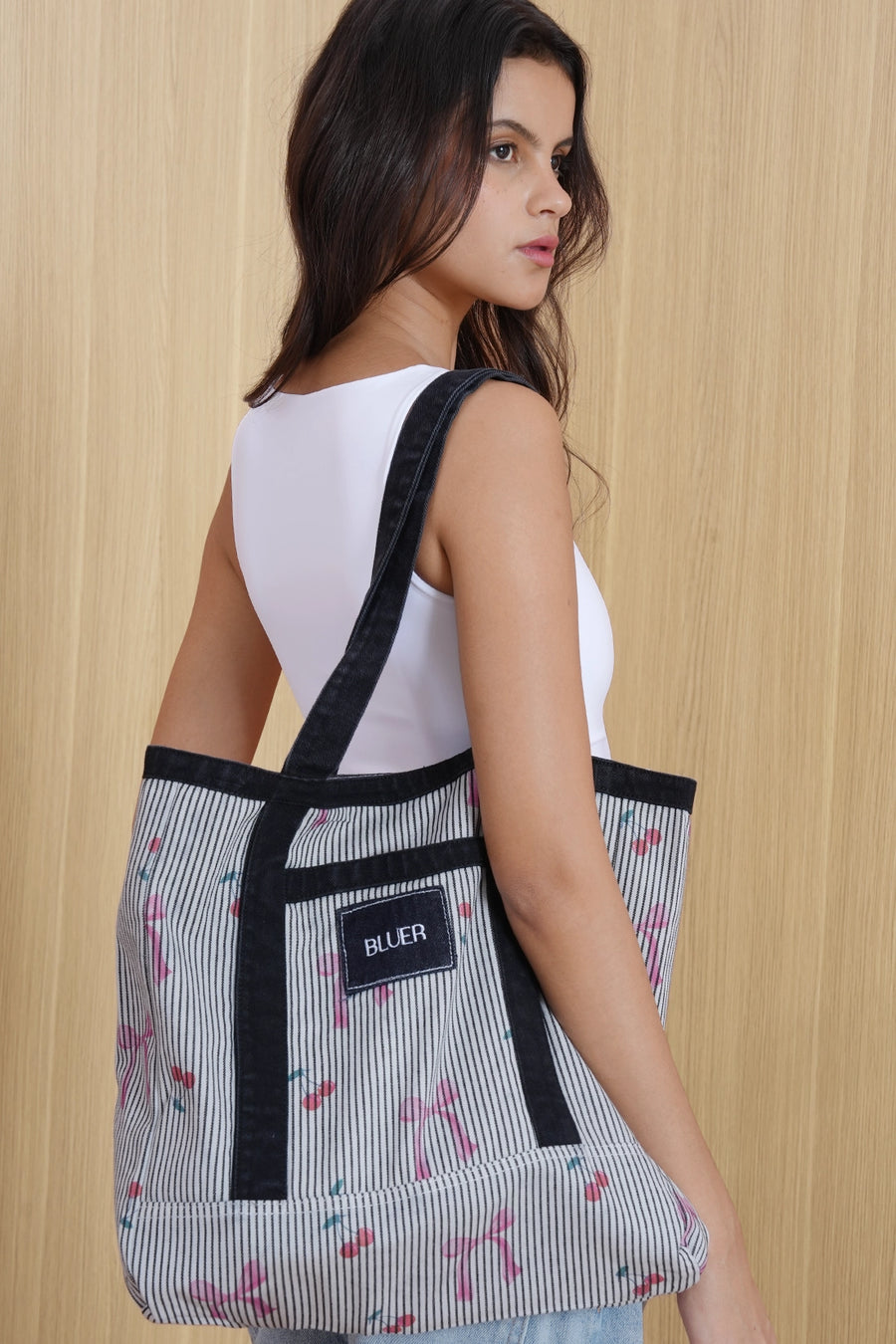 Bow Printed Denim Tote