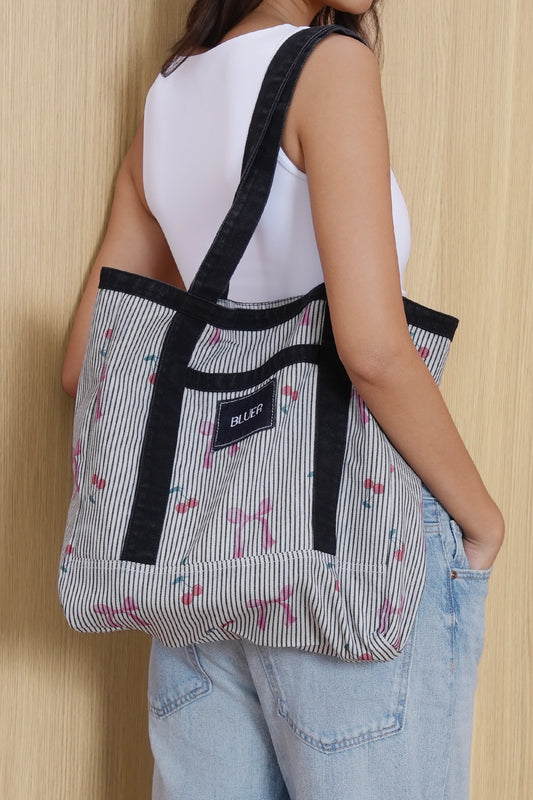 Bow Printed Denim Tote