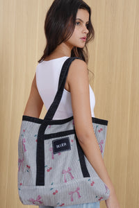Bow Printed Denim Tote