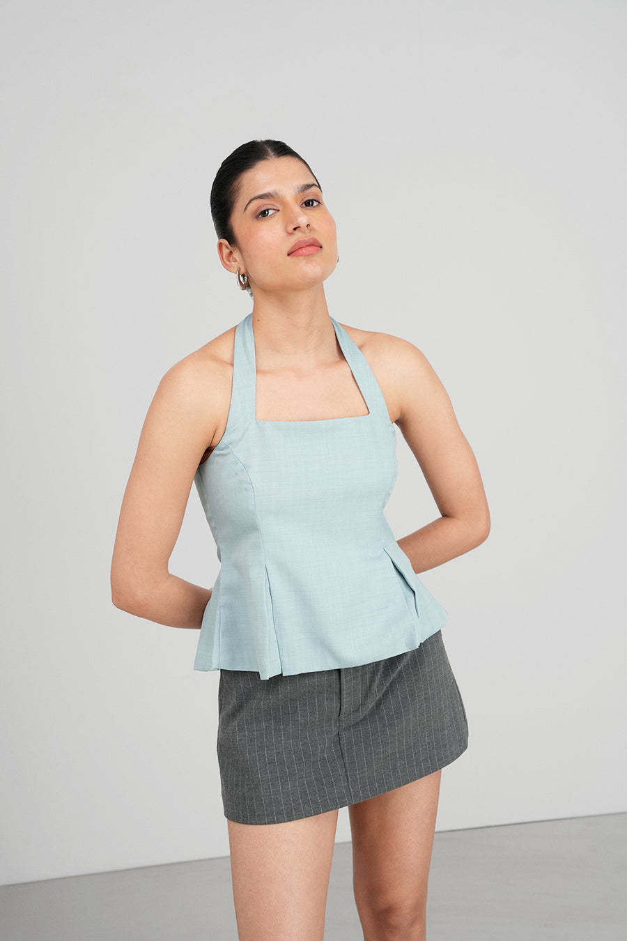 Box Pleated Halter Top- Cloud Blue