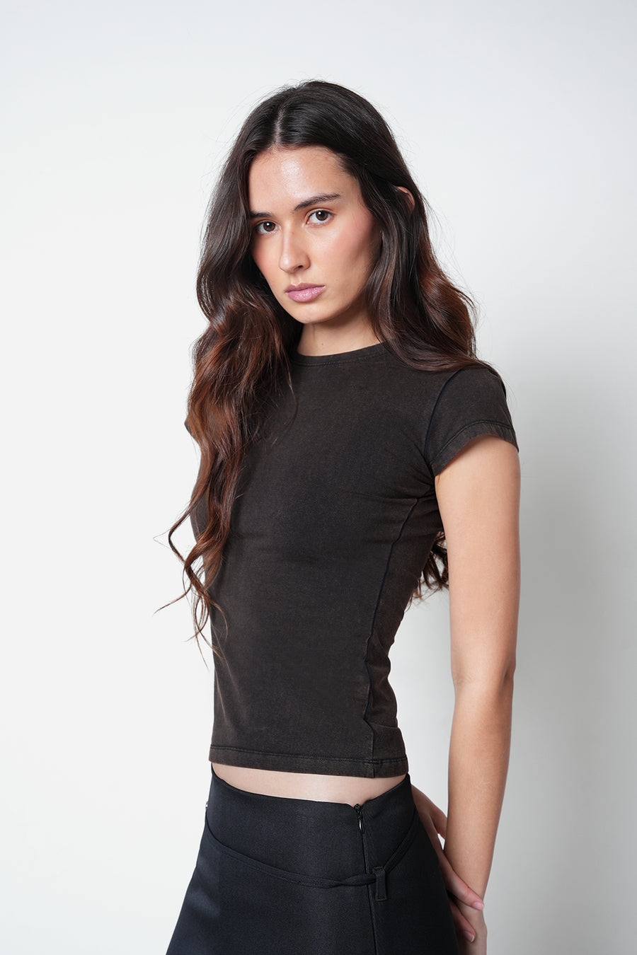 Brown Acid Wash Fitted T-Shirt