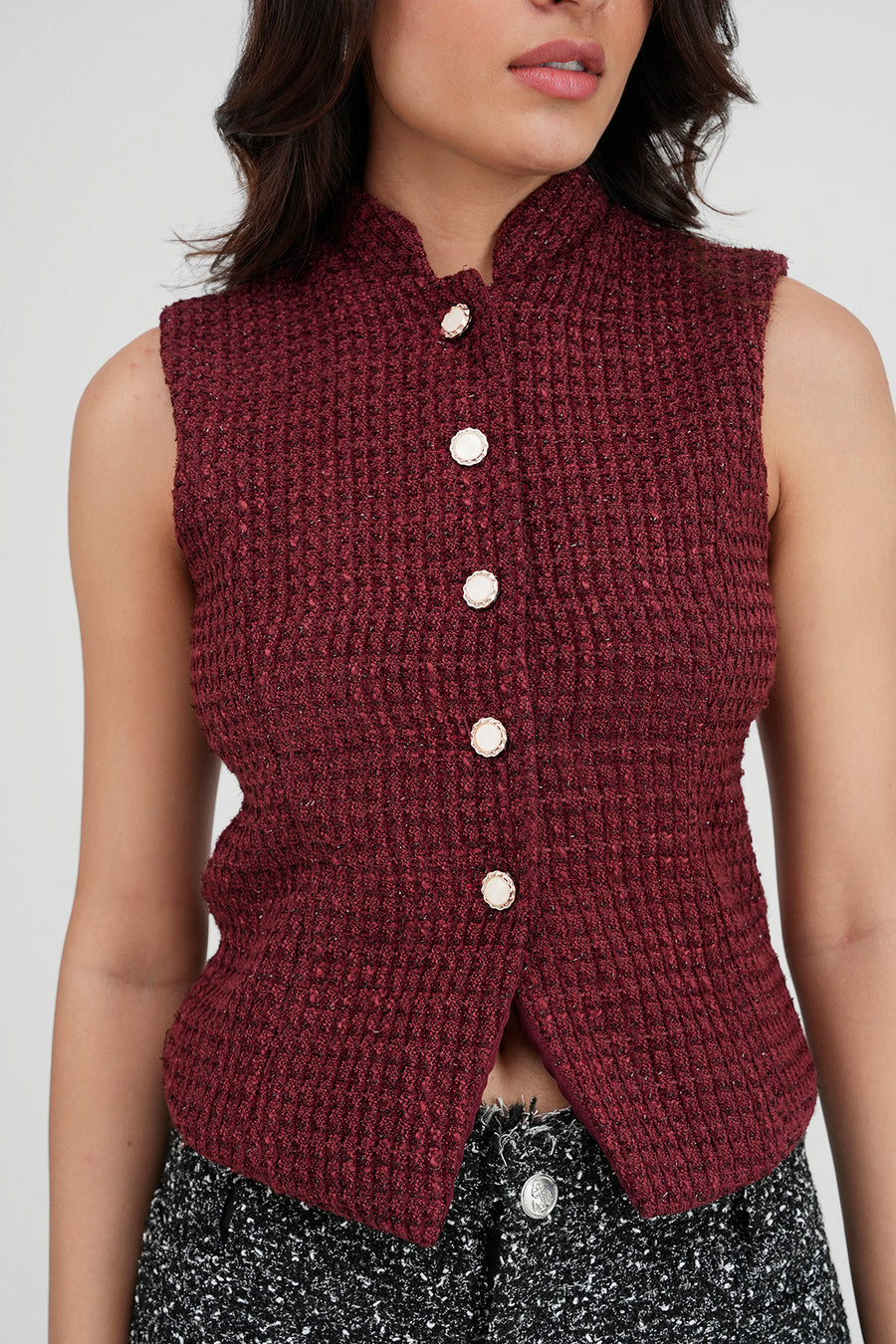 Burgundy Collared Tweed Top