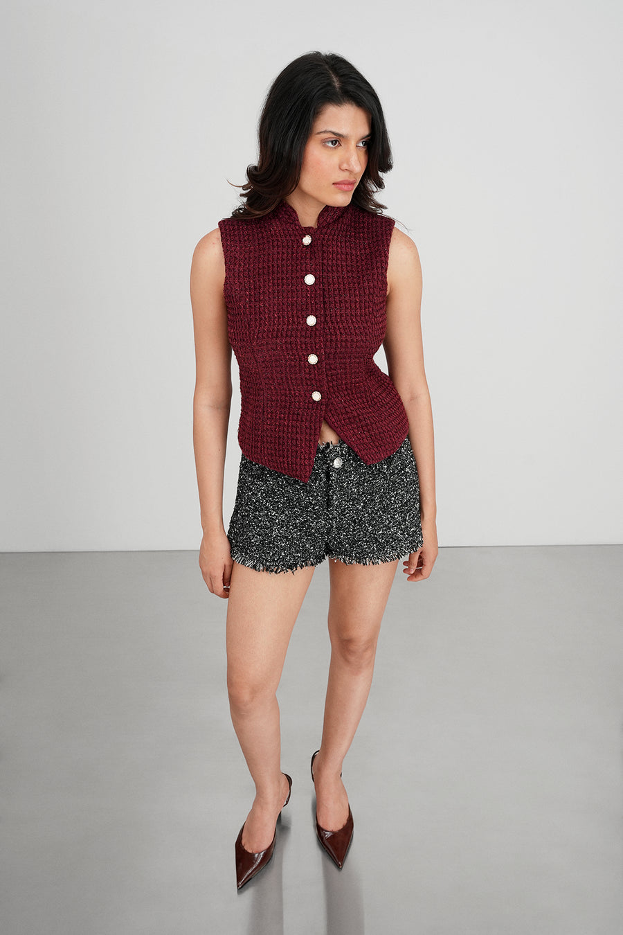Burgundy Collared Tweed Top