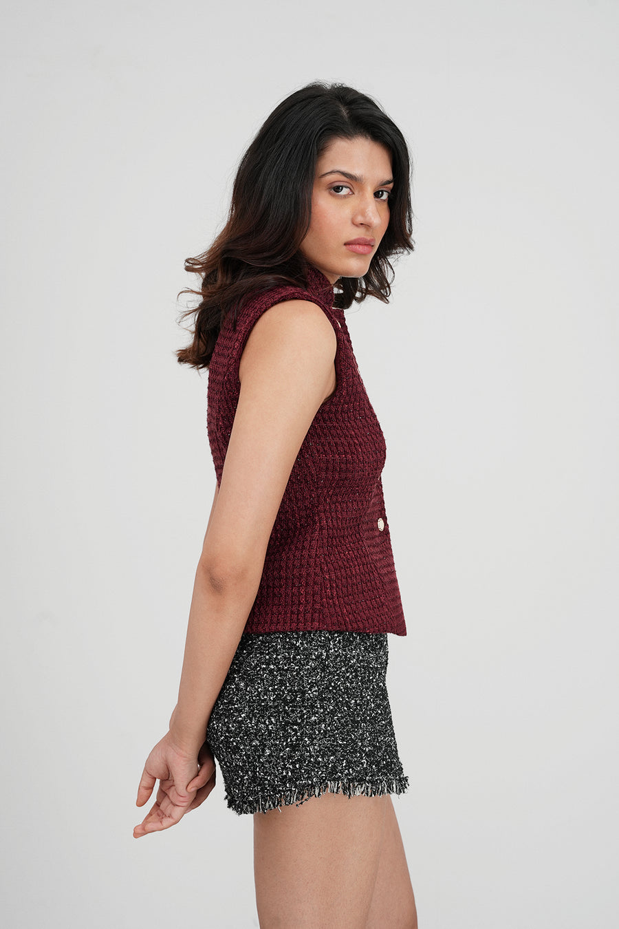 Burgundy Collared Tweed Top
