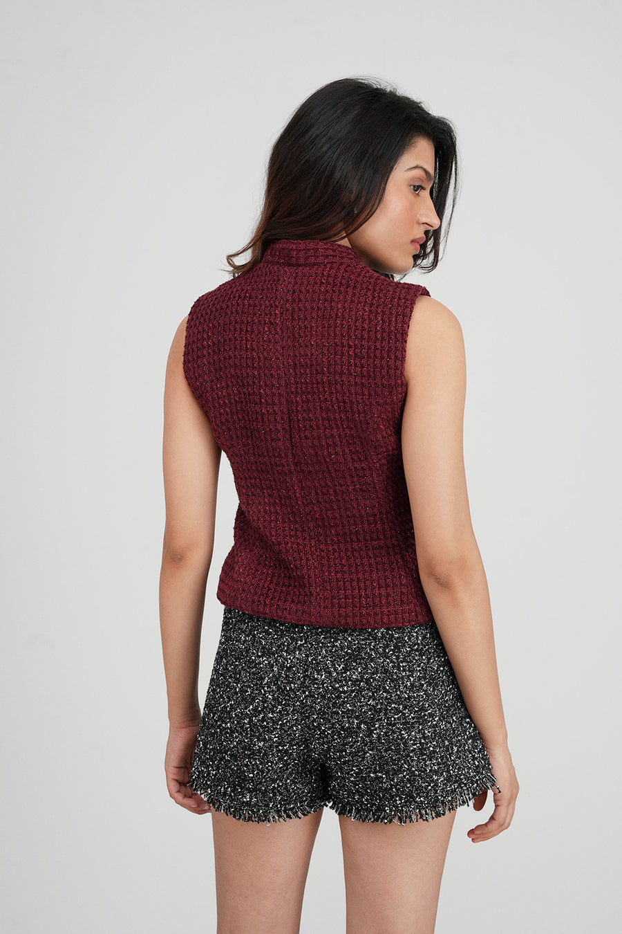 Burgundy Collared Tweed Top