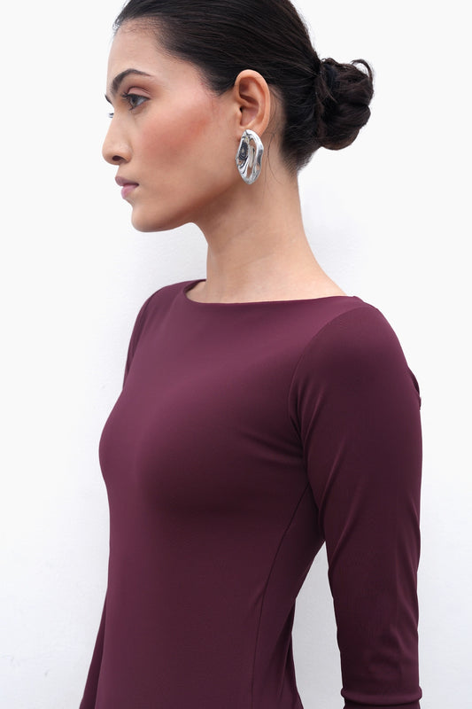 Burgundy Long-Sleeve Polyamide Top