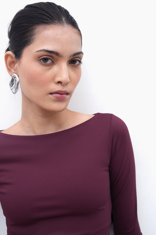 Burgundy Long-Sleeve Polyamide Top