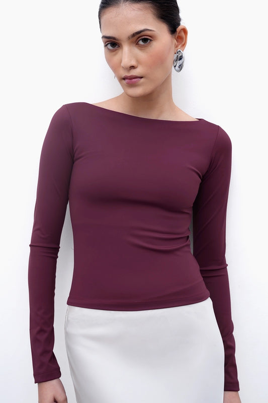 Burgundy Long-Sleeve Polyamide Top
