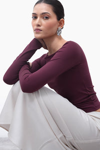 Burgundy Long-Sleeve Polyamide Top