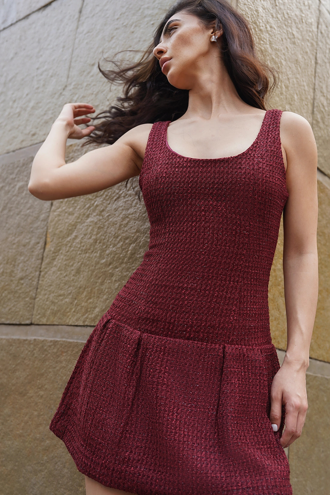 Burgundy Pleated Tweed Dress