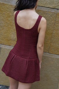 Burgundy Pleated Tweed Dress