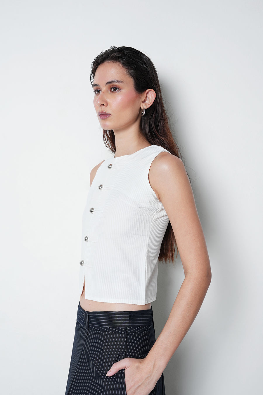 Buttoned Corduroy Top- White