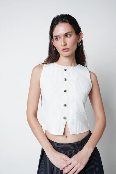 Buttoned Corduroy Top- White