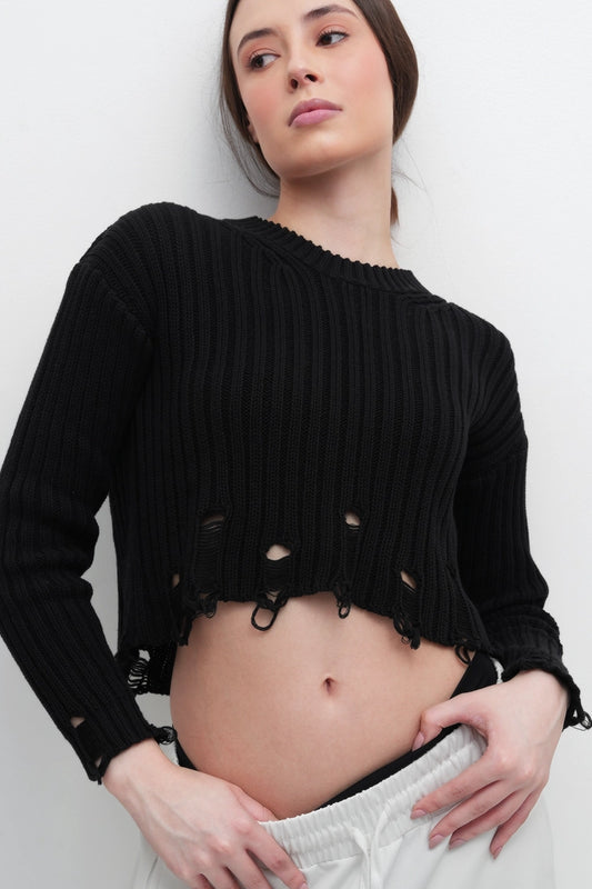 Charcoal Crop Ripped Sweater