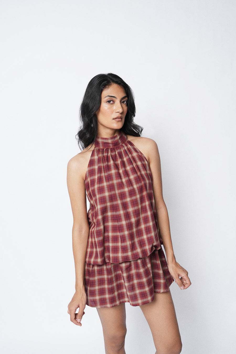 Checkered Halter-Neck Bubble Dress