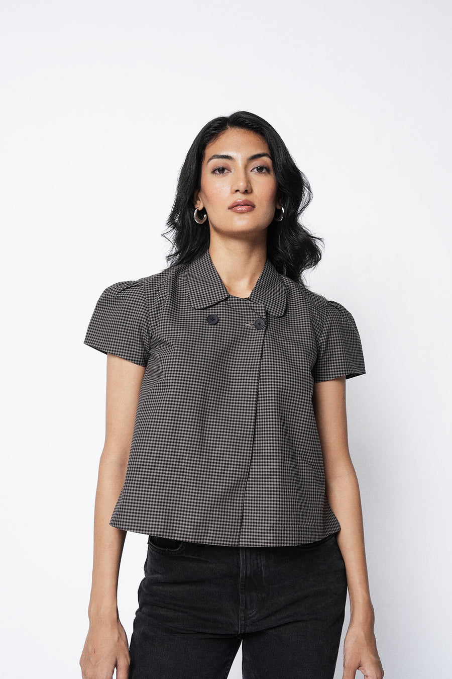 Checkered Puff-Sleeve Jacket