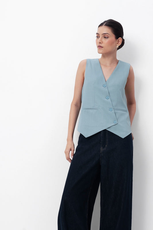 Cloud Blue Asymmetric Tailored Waistcoat