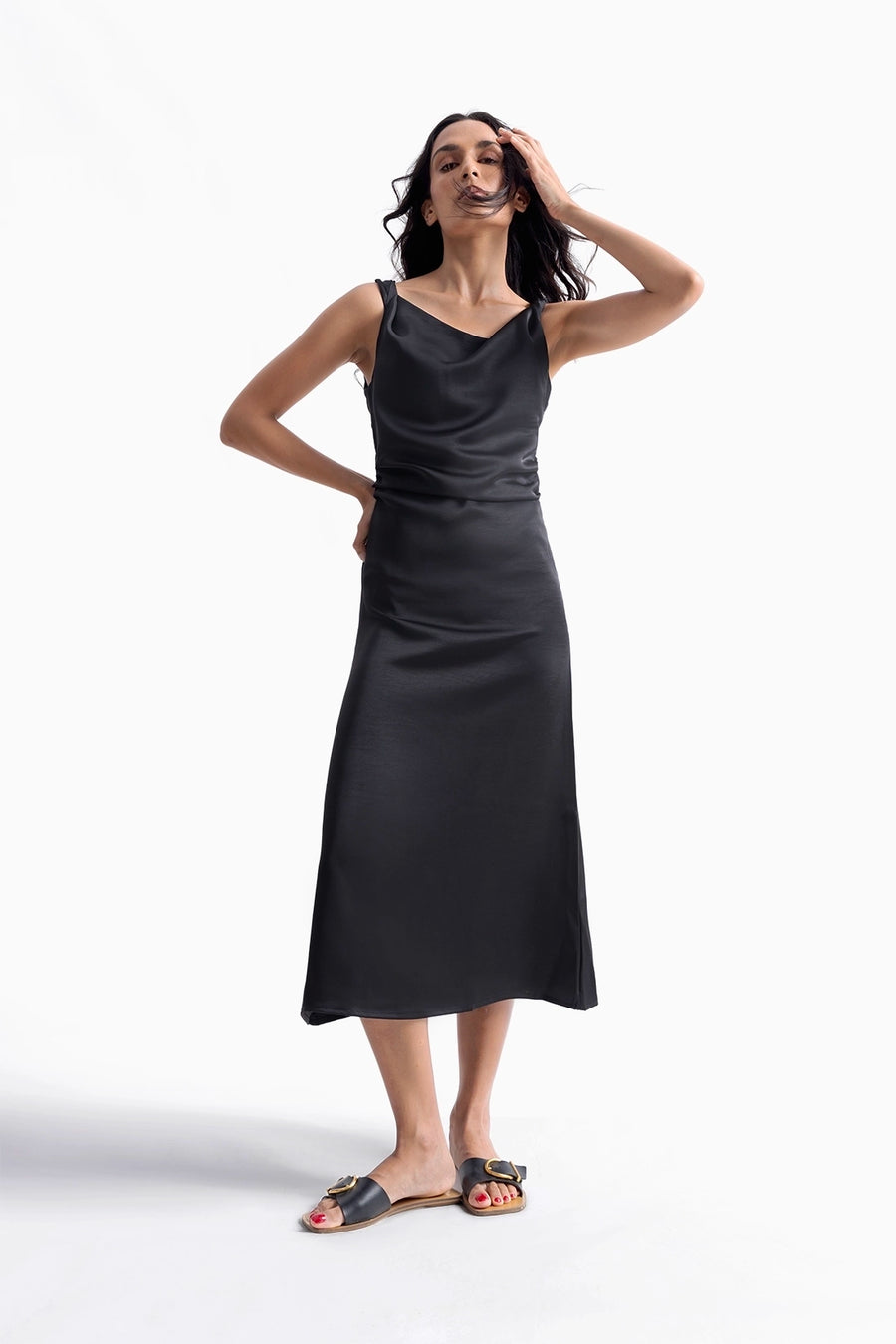 Black Satin Midi Dress