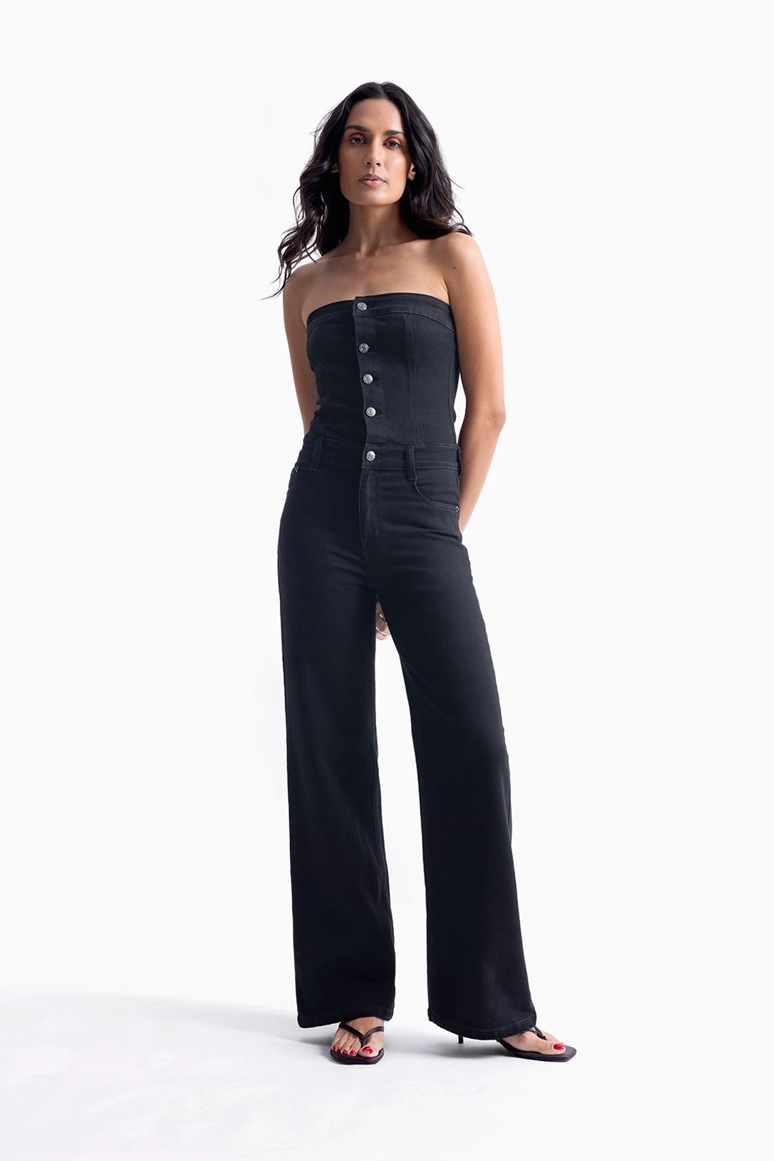 Buttoned Black Denim Jumpsuit